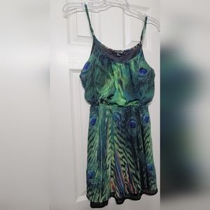 Forever21 Mini Dress Spaghetti Straps Peacock Print Festival Cocktail Dress M